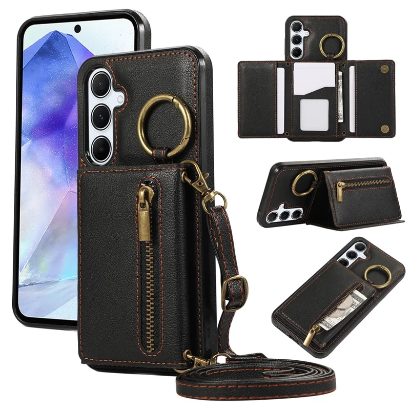 For Samsung Galaxy S26+ Leather Back Cover Zipper Wallet Kickstand Phone Case with Shoulder Strap - Black