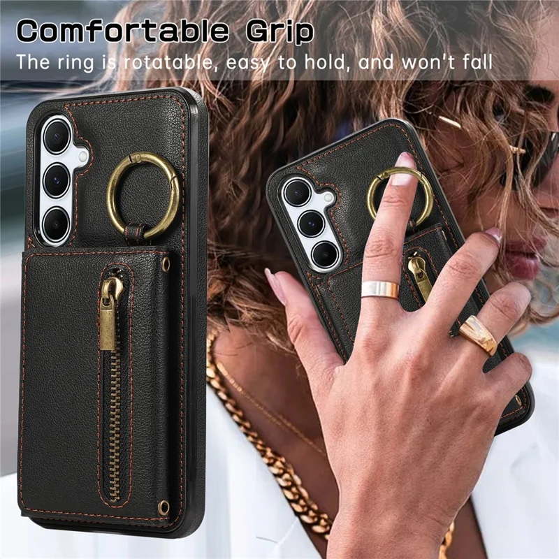 For Samsung Galaxy S26+ Leather Back Cover Zipper Wallet Kickstand Phone Case with Shoulder Strap - Black