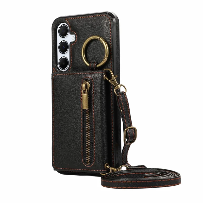 For Samsung Galaxy S26+ Leather Back Cover Zipper Wallet Kickstand Phone Case with Shoulder Strap - Black