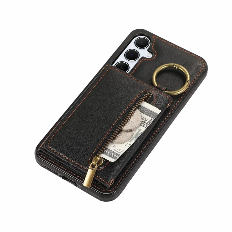 For Samsung Galaxy S26+ Leather Back Cover Zipper Wallet Kickstand Phone Case with Shoulder Strap - Black