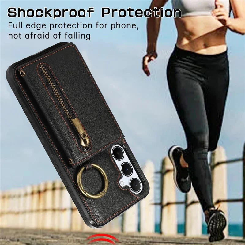 For Samsung Galaxy S26+ Leather Back Cover Zipper Wallet Kickstand Phone Case with Shoulder Strap - Black