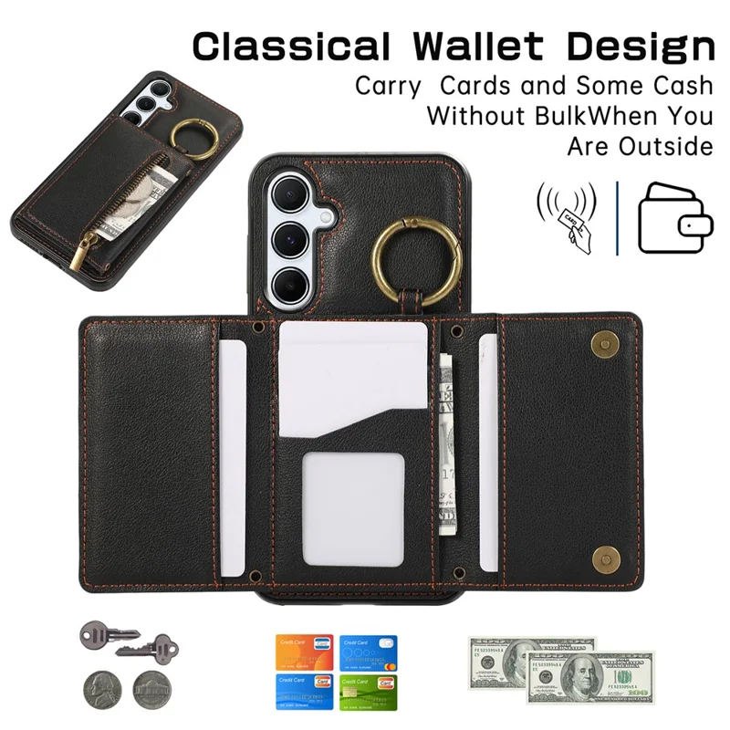 For Samsung Galaxy S26+ Leather Back Cover Zipper Wallet Kickstand Phone Case with Shoulder Strap - Black