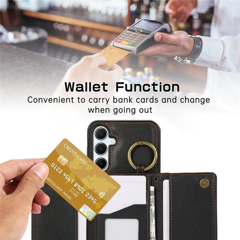 For Samsung Galaxy S26+ Leather Back Cover Zipper Wallet Kickstand Phone Case with Shoulder Strap - Black