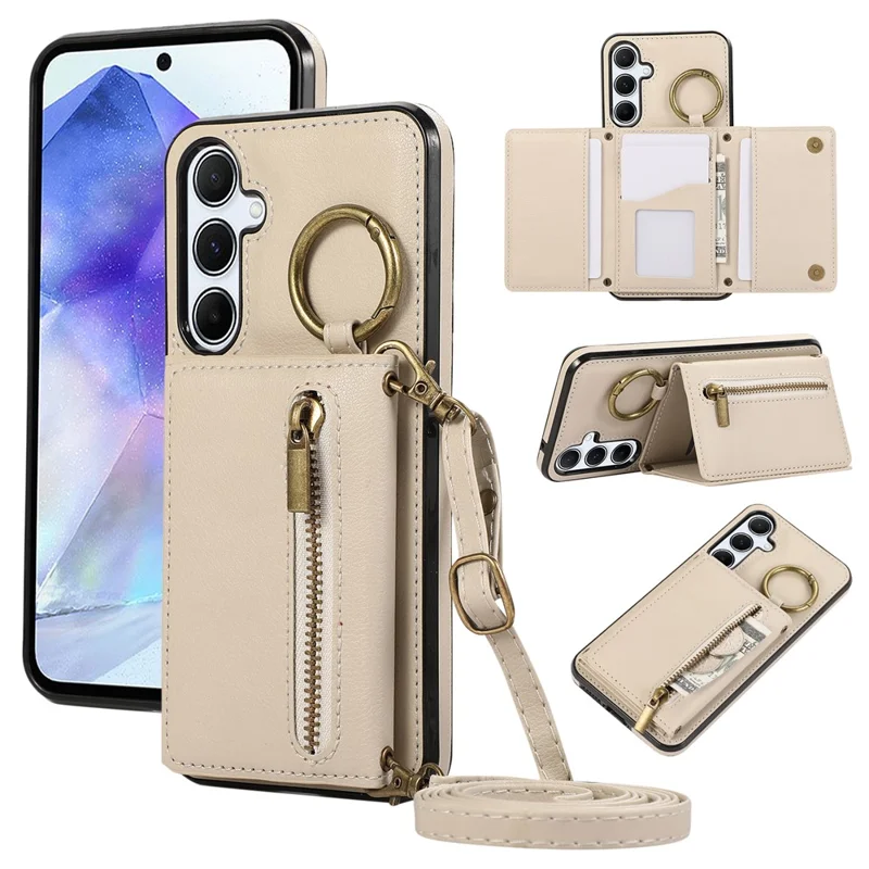 For Samsung Galaxy S26+ Leather Back Cover Zipper Wallet Kickstand Phone Case with Shoulder Strap - Beige