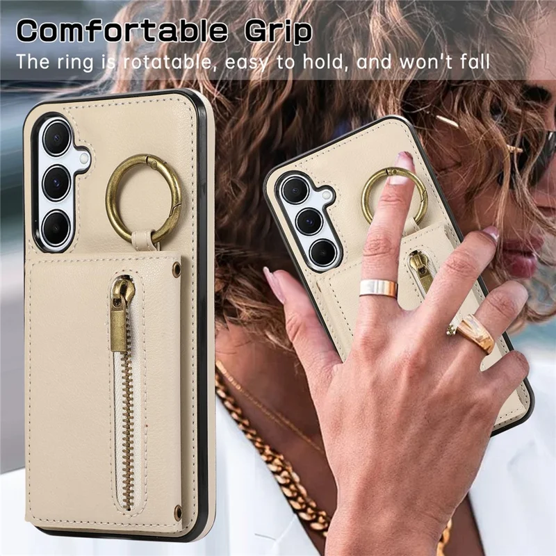 For Samsung Galaxy S26+ Leather Back Cover Zipper Wallet Kickstand Phone Case with Shoulder Strap - Beige