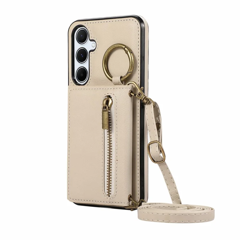 For Samsung Galaxy S26+ Leather Back Cover Zipper Wallet Kickstand Phone Case with Shoulder Strap - Beige
