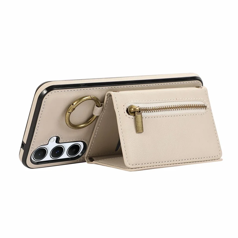 For Samsung Galaxy S26+ Leather Back Cover Zipper Wallet Kickstand Phone Case with Shoulder Strap - Beige