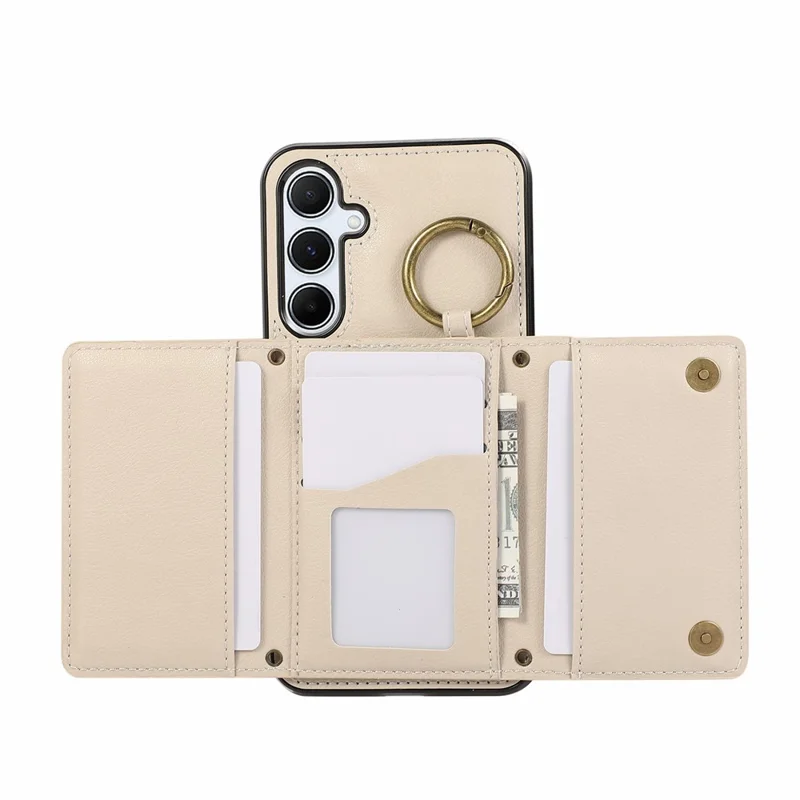 For Samsung Galaxy S26+ Leather Back Cover Zipper Wallet Kickstand Phone Case with Shoulder Strap - Beige