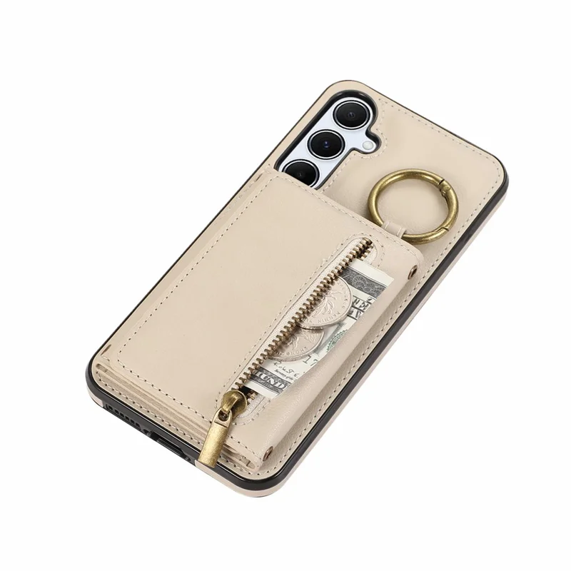 For Samsung Galaxy S26+ Leather Back Cover Zipper Wallet Kickstand Phone Case with Shoulder Strap - Beige