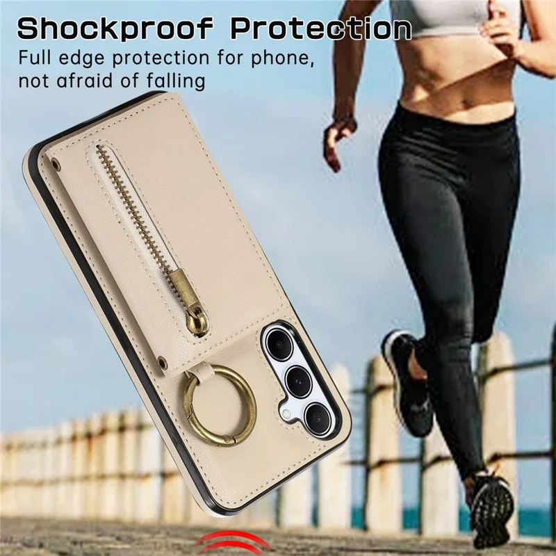 For Samsung Galaxy S26+ Leather Back Cover Zipper Wallet Kickstand Phone Case with Shoulder Strap - Beige