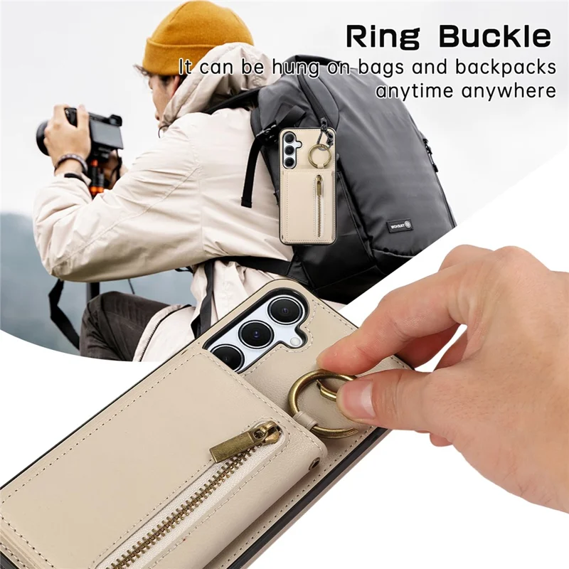 For Samsung Galaxy S26+ Leather Back Cover Zipper Wallet Kickstand Phone Case with Shoulder Strap - Beige
