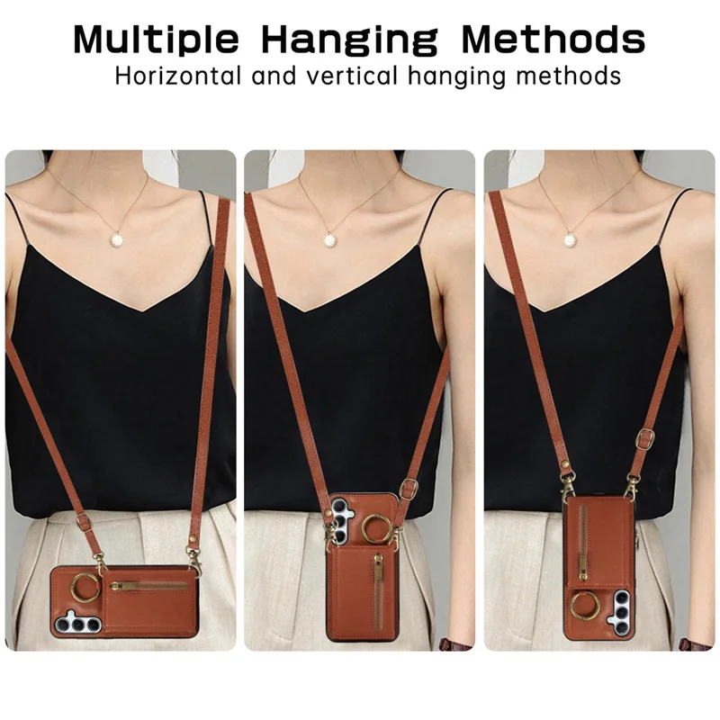 For Samsung Galaxy A37 5G Leather Back Cover Zipper Wallet Kickstand Phone Case with Shoulder Strap - Brown