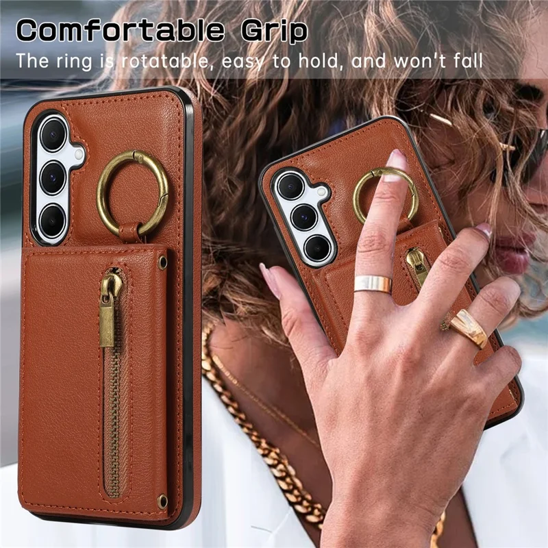For Samsung Galaxy A37 5G Leather Back Cover Zipper Wallet Kickstand Phone Case with Shoulder Strap - Brown