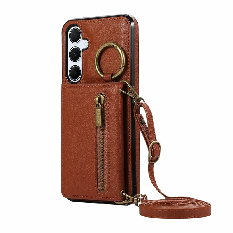 For Samsung Galaxy A37 5G Leather Back Cover Zipper Wallet Kickstand Phone Case with Shoulder Strap - Brown