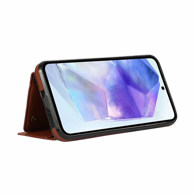 For Samsung Galaxy A37 5G Leather Back Cover Zipper Wallet Kickstand Phone Case with Shoulder Strap - Brown