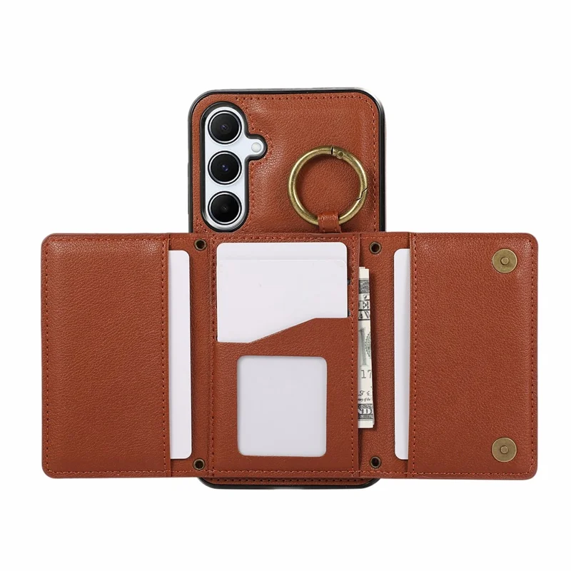 For Samsung Galaxy A37 5G Leather Back Cover Zipper Wallet Kickstand Phone Case with Shoulder Strap - Brown