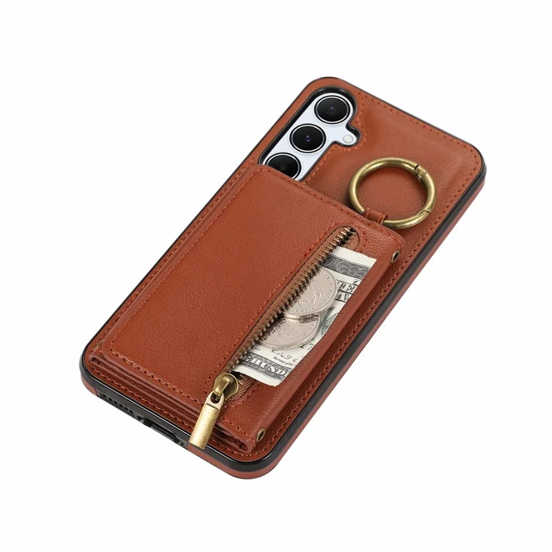 For Samsung Galaxy A37 5G Leather Back Cover Zipper Wallet Kickstand Phone Case with Shoulder Strap - Brown