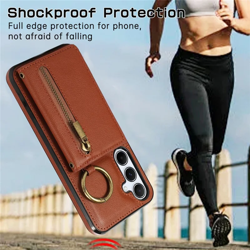 For Samsung Galaxy A37 5G Leather Back Cover Zipper Wallet Kickstand Phone Case with Shoulder Strap - Brown