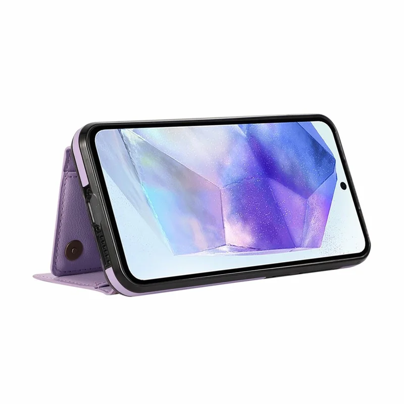 Coque en cuir pour Samsung Galaxy A57 5G, étui portefeuille avec fermeture à glissière, support intégré et dragonne - Violet