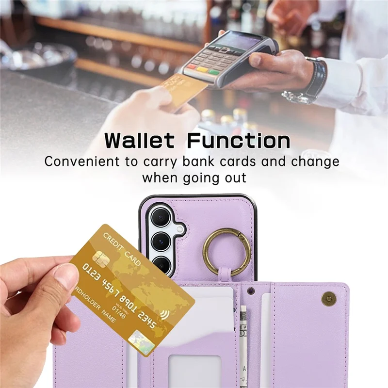 Coque en cuir pour Samsung Galaxy A57 5G, étui portefeuille avec fermeture à glissière, support intégré et dragonne - Violet