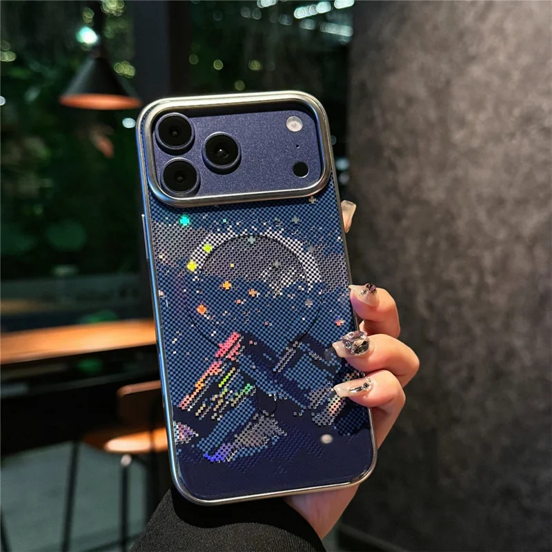 For iPhone 17 Pro Case Compatible with MagSafe Starry Mountain Series Pixel Style Gradient Design TPU + PC Phone Cover - Navy Blue