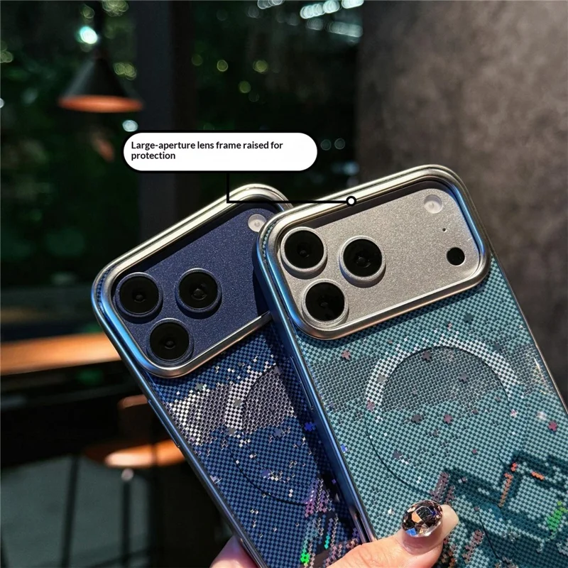 For iPhone 17 Pro Case Compatible with MagSafe Starry Mountain Series Pixel Style Gradient Design TPU + PC Phone Cover - Navy Blue