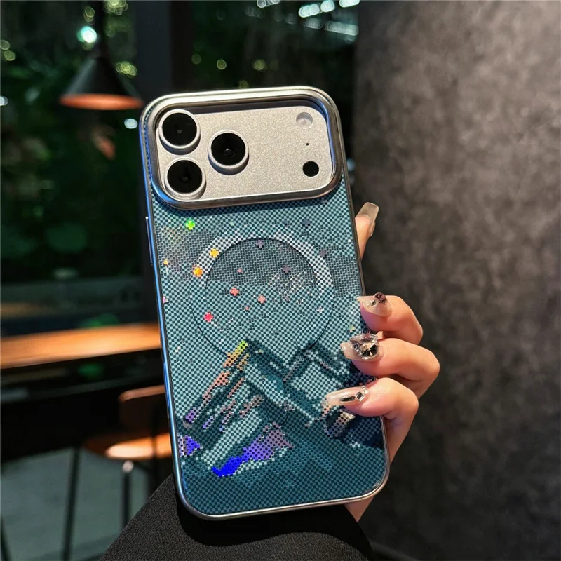 For iPhone 17 Pro Max Case Compatible with MagSafe Starry Mountain Series Pixel Style Gradient Design TPU + PC Phone Cover - Cyan  /  Blue