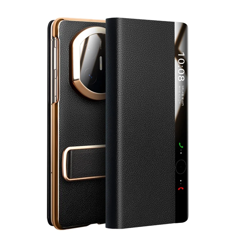 QIALINO For Huawei Mate X7 Case Genuine Cow Leather Kickstand Phone Cover with View Window - Black