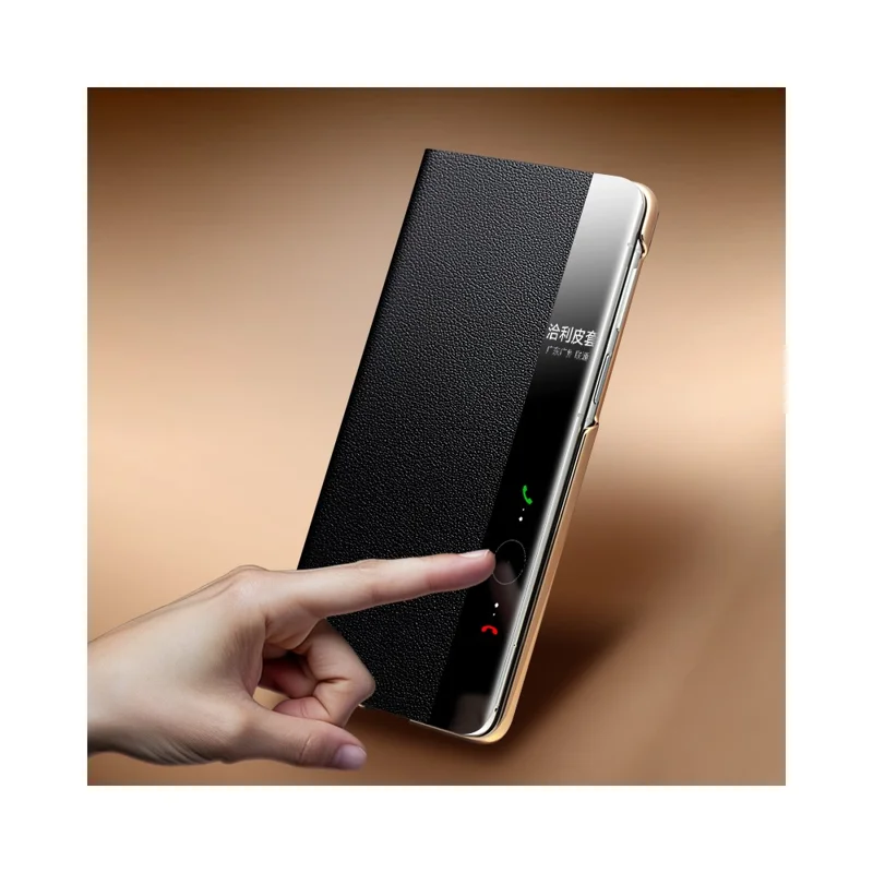 QIALINO For Huawei Mate X7 Case Genuine Cow Leather Kickstand Phone Cover with View Window - Black