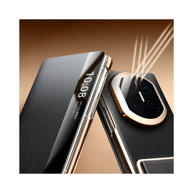 QIALINO For Huawei Mate X7 Case Genuine Cow Leather Kickstand Phone Cover with View Window - Black