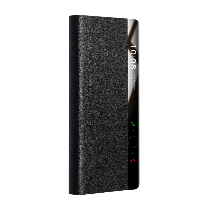 QIALINO For Huawei Mate X7 Case Genuine Cow Leather Kickstand Phone Cover with View Window - Black