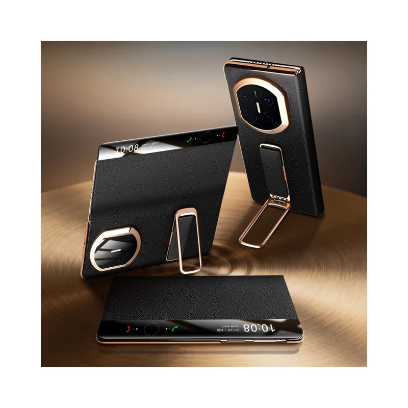 QIALINO For Huawei Mate X7 Case Genuine Cow Leather Kickstand Phone Cover with View Window - Black