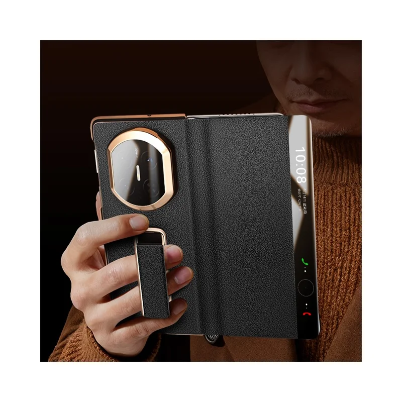 QIALINO For Huawei Mate X7 Case Genuine Cow Leather Kickstand Phone Cover with View Window - Black