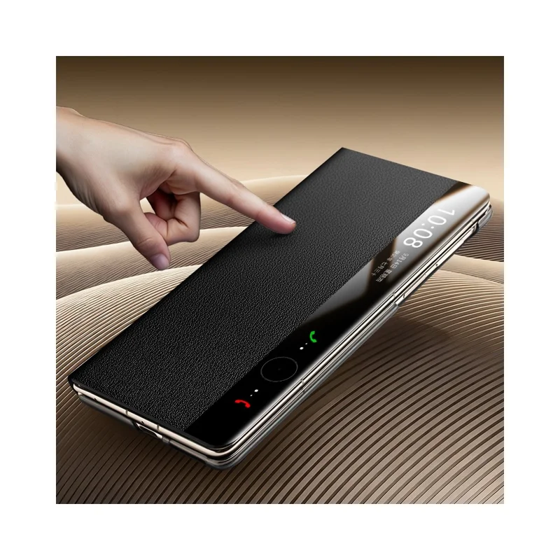 QIALINO For Huawei Mate X7 Case Smart View Window Genuine Cow Leather Phone Cover - Black