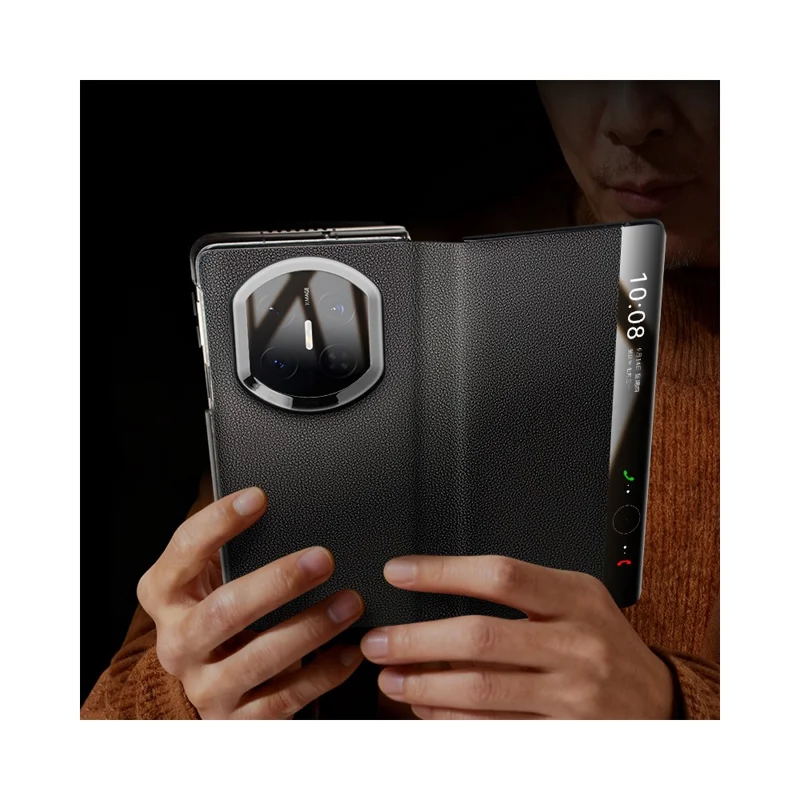 QIALINO For Huawei Mate X7 Case Smart View Window Genuine Cow Leather Phone Cover - Black