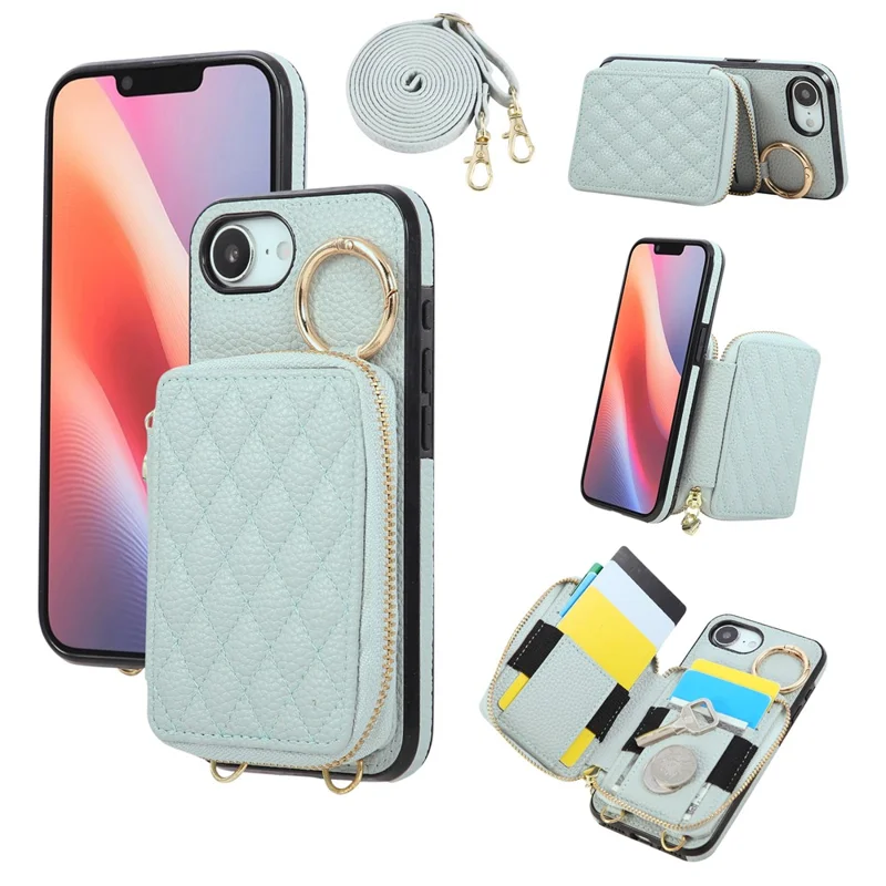 For iPhone 16e Case Zipper Card Holder PU Leather Phone Back Cover with Shoulder Strap - Blue