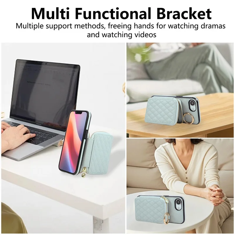 For iPhone 16e Case Zipper Card Holder PU Leather Phone Back Cover with Shoulder Strap - Blue