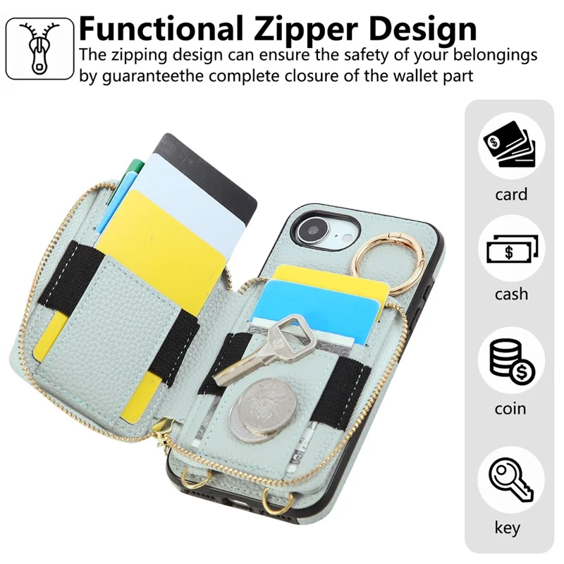For iPhone 16e Case Zipper Card Holder PU Leather Phone Back Cover with Shoulder Strap - Blue