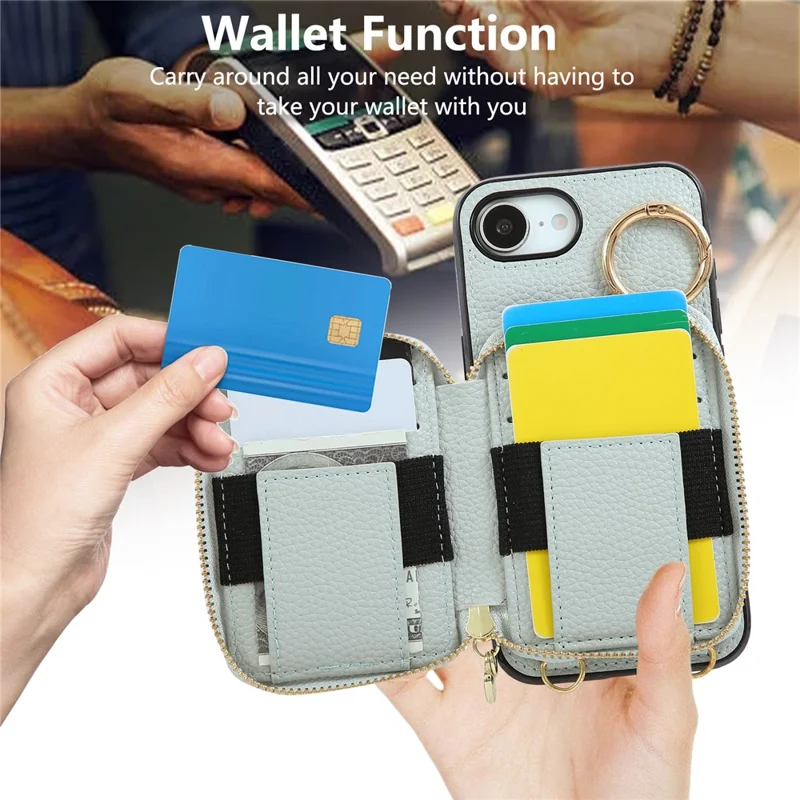 For iPhone 16e Case Zipper Card Holder PU Leather Phone Back Cover with Shoulder Strap - Blue