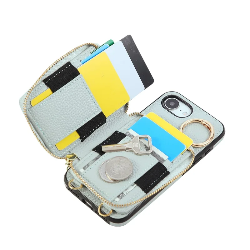 For iPhone 16e Case Zipper Card Holder PU Leather Phone Back Cover with Shoulder Strap - Blue