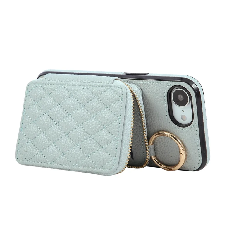 For iPhone 16e Case Zipper Card Holder PU Leather Phone Back Cover with Shoulder Strap - Blue