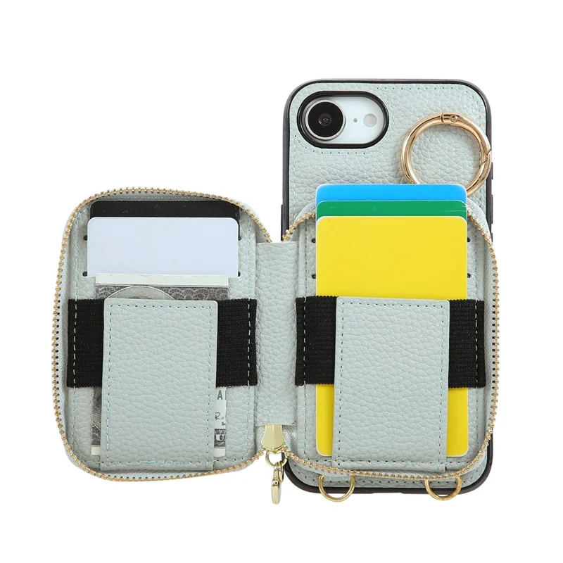 For iPhone 16e Case Zipper Card Holder PU Leather Phone Back Cover with Shoulder Strap - Blue