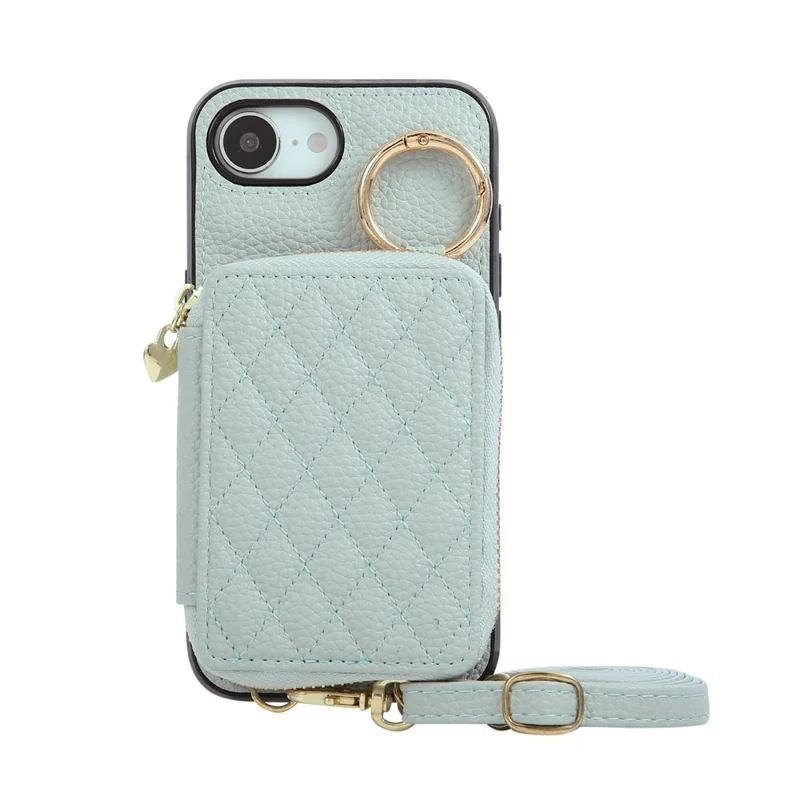 For iPhone 16e Case Zipper Card Holder PU Leather Phone Back Cover with Shoulder Strap - Blue