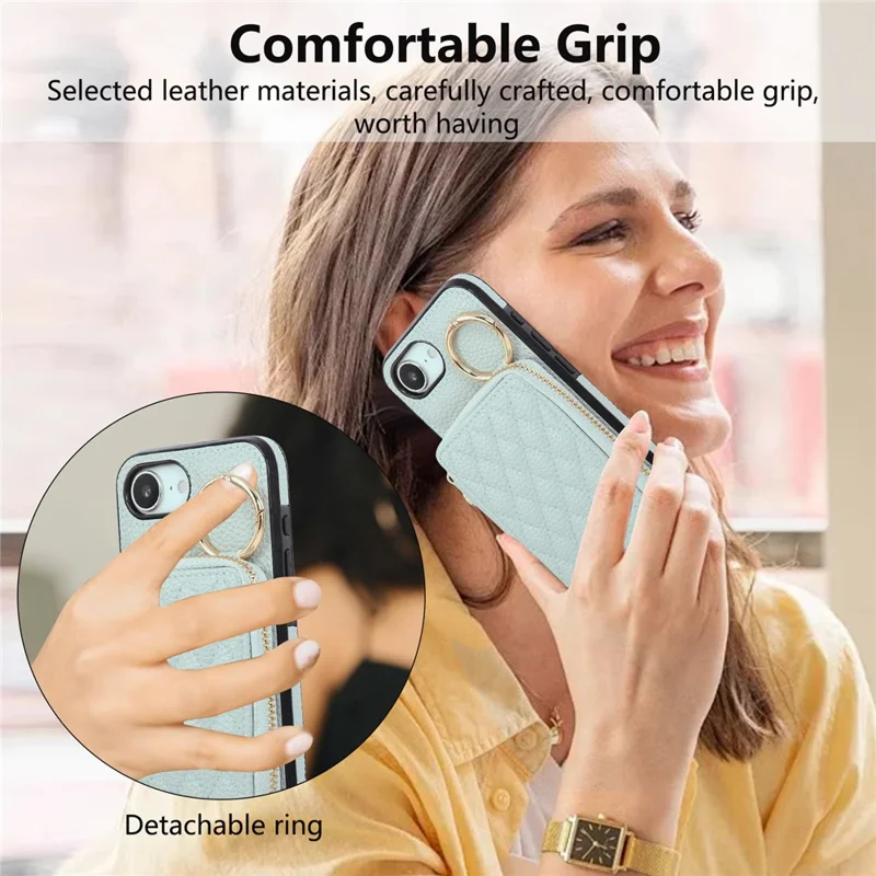 For iPhone 16e Case Zipper Card Holder PU Leather Phone Back Cover with Shoulder Strap - Blue