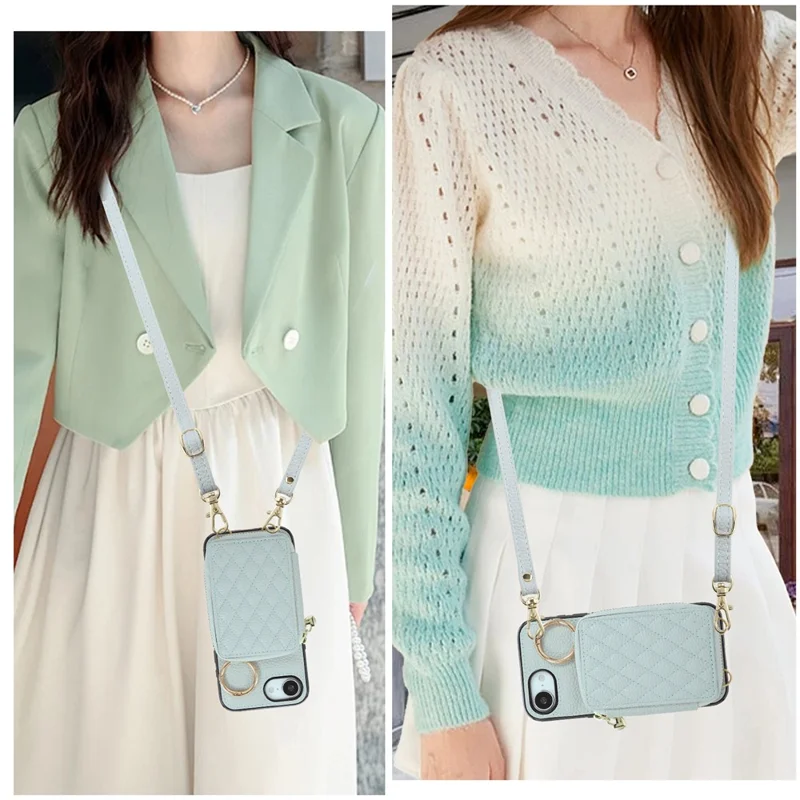 For iPhone 16e Case Zipper Card Holder PU Leather Phone Back Cover with Shoulder Strap - Blue