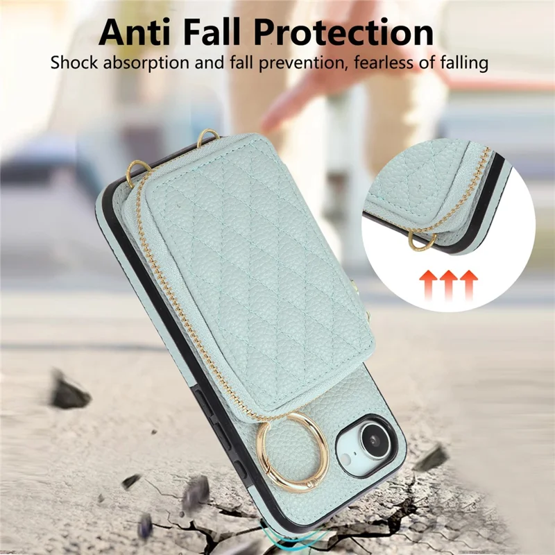 For iPhone 16e Case Zipper Card Holder PU Leather Phone Back Cover with Shoulder Strap - Blue