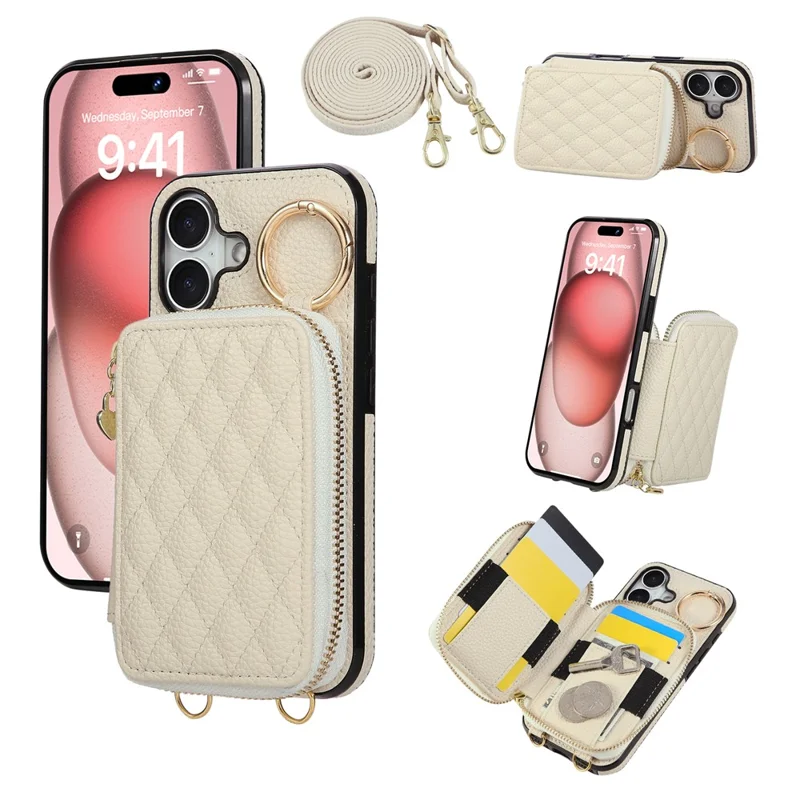 For iPhone 17 Case Zipper Card Holder PU Leather Phone Back Cover with Shoulder Strap - Beige