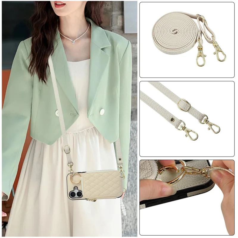 For iPhone 17 Case Zipper Card Holder PU Leather Phone Back Cover with Shoulder Strap - Beige