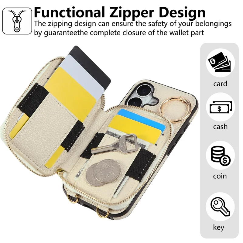 For iPhone 17 Case Zipper Card Holder PU Leather Phone Back Cover with Shoulder Strap - Beige