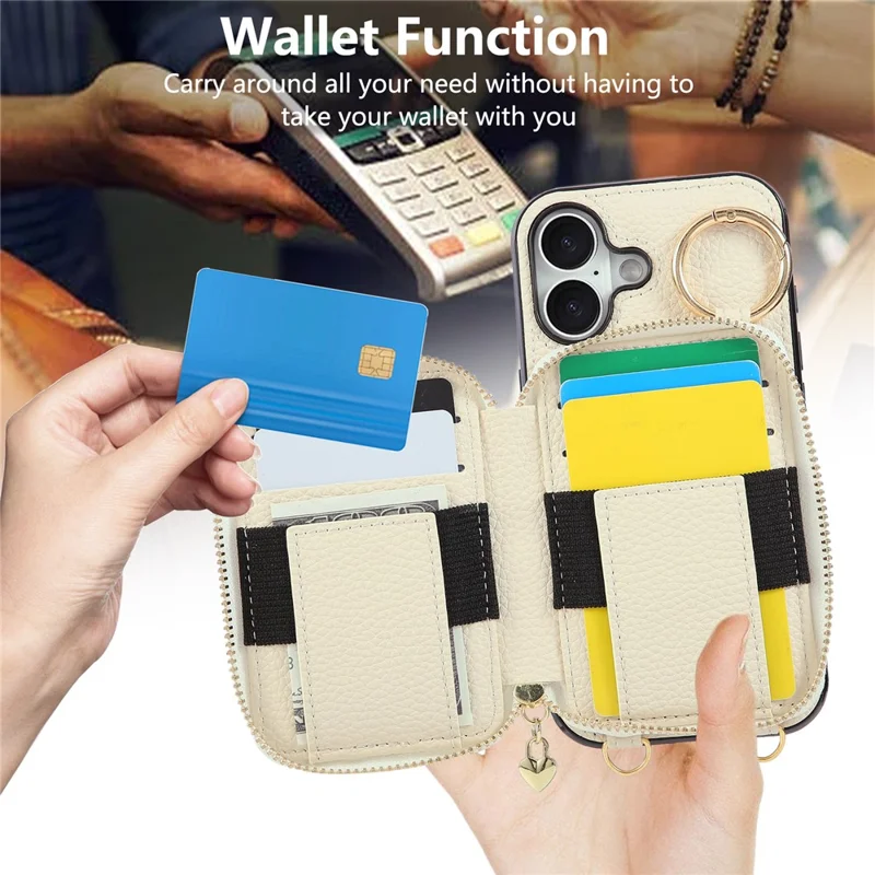 For iPhone 17 Case Zipper Card Holder PU Leather Phone Back Cover with Shoulder Strap - Beige